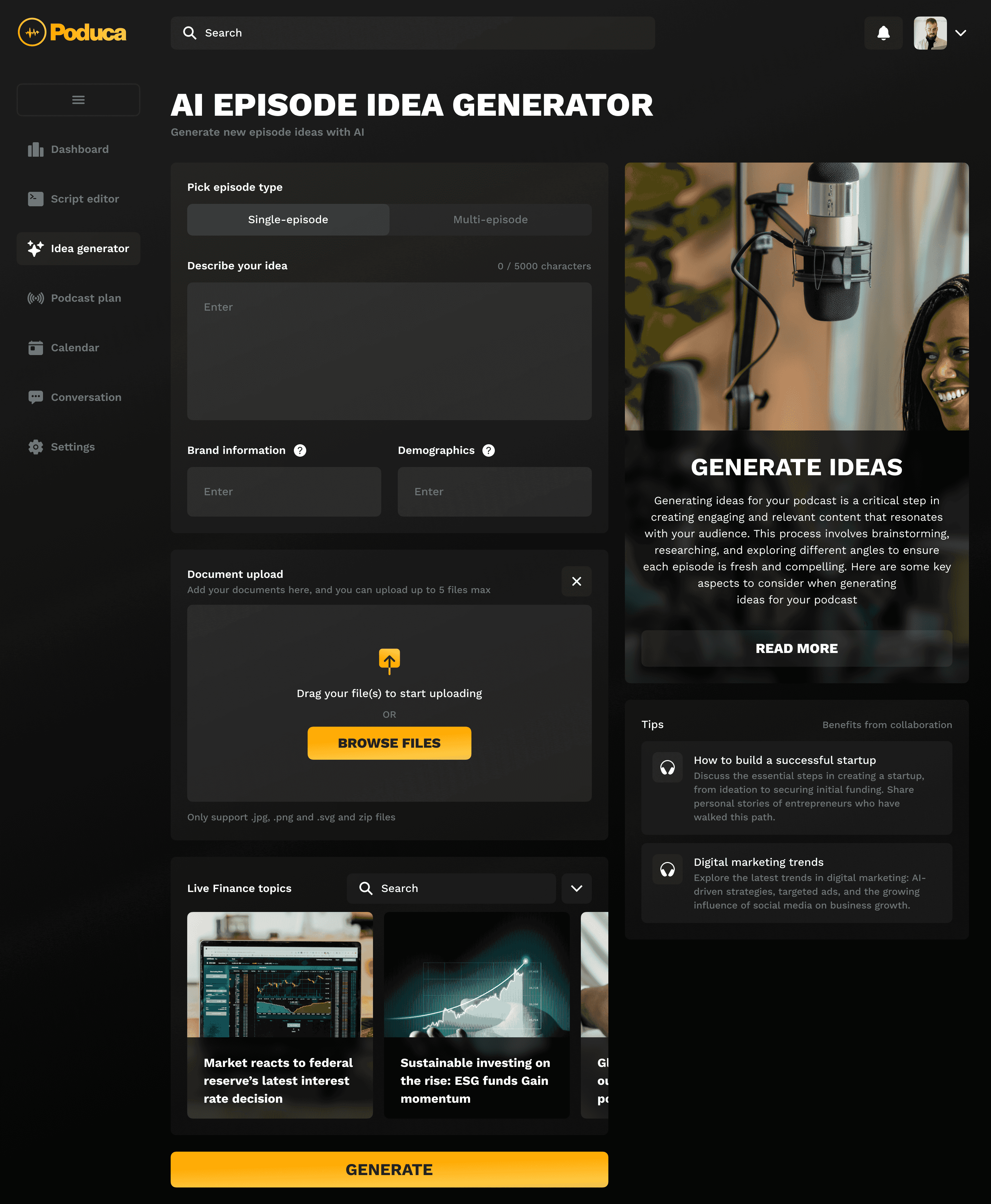Inside view of the Idea Generator tool